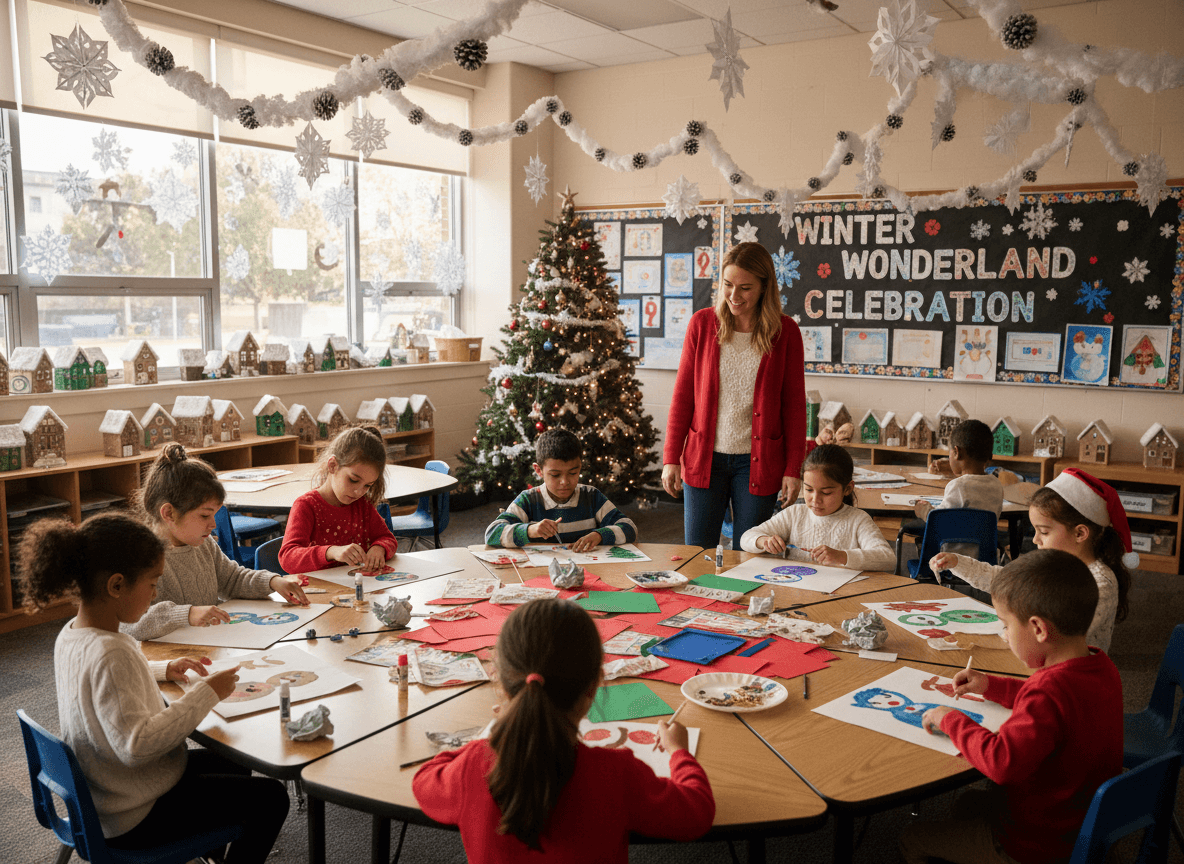 Elementary classroom decorated for winter celebration with students working on holiday art project