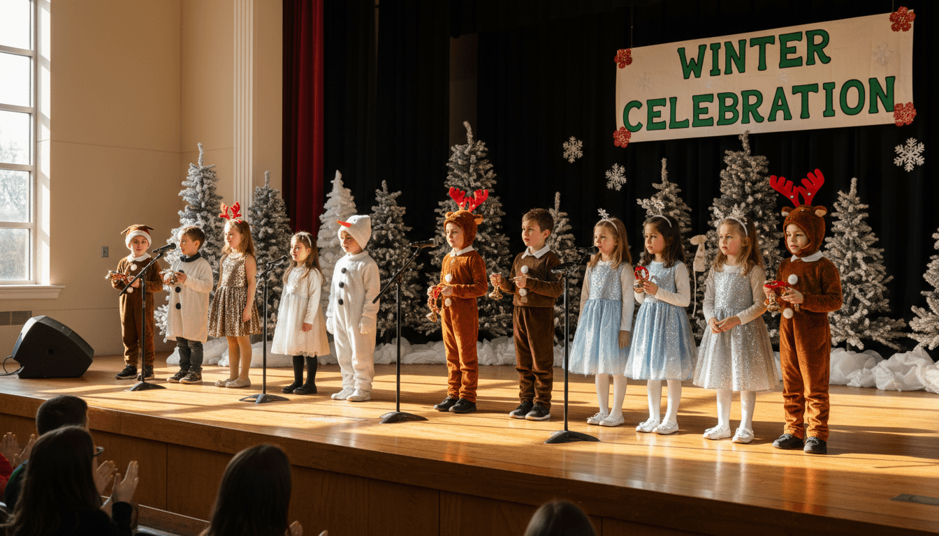 Elementary students in winter concert costumes on stage performing in December