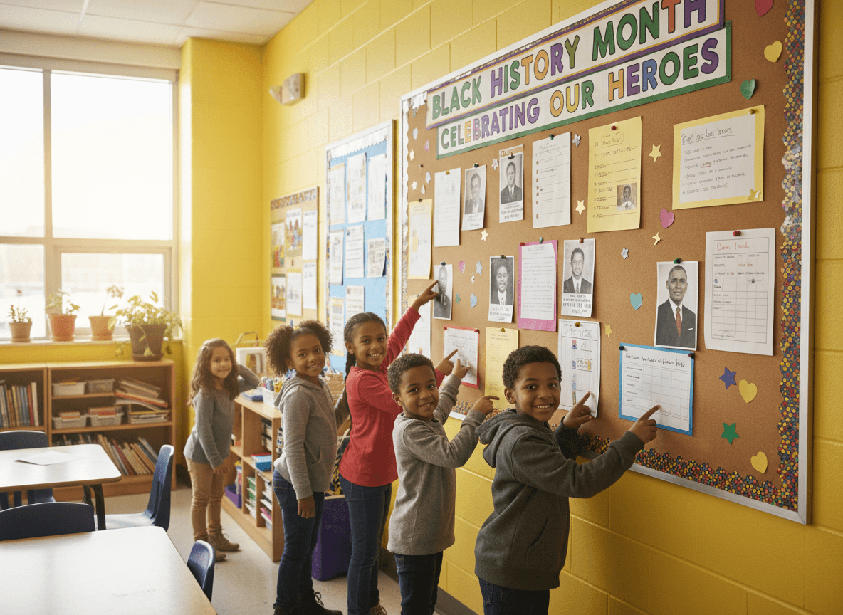 Elementary students displaying Black History Month projects on classroom bulletin board in February