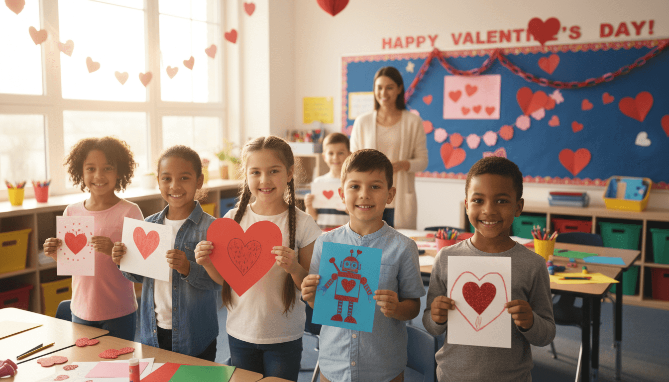 Elementary students holding Valentine's Day cards in decorated classroom in February