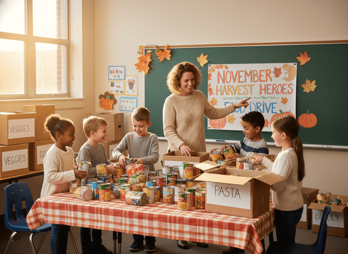 Elementary students and teacher sorting canned food donations for November food drive