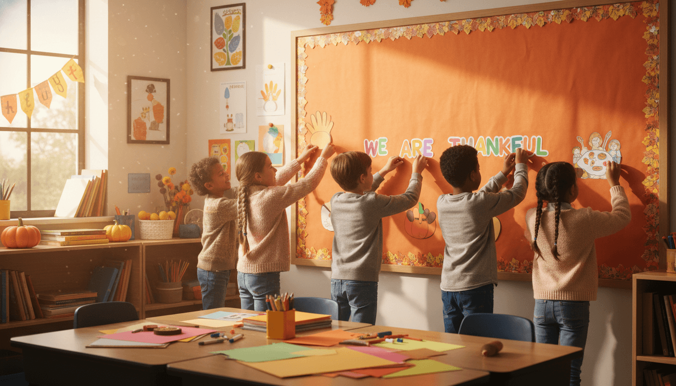 Elementary school students decorating a Thanksgiving bulletin board in November classroom