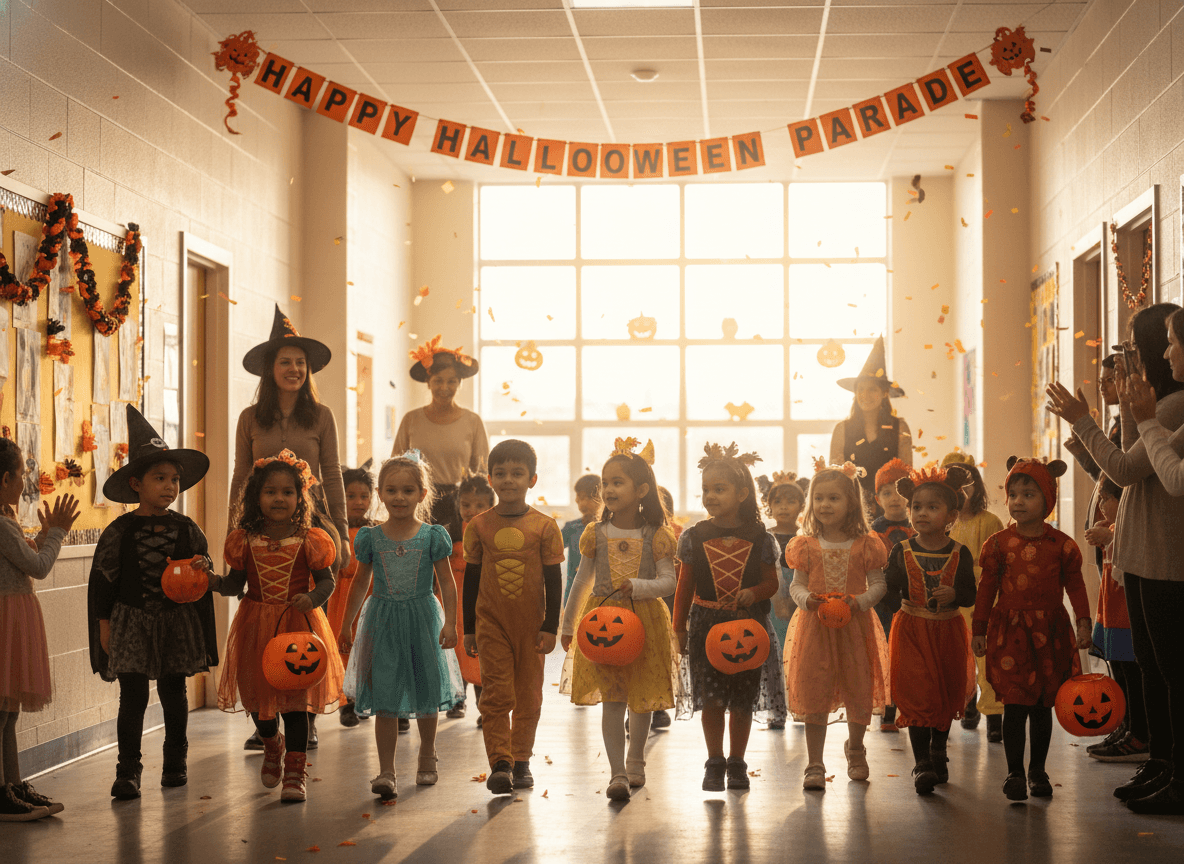 Elementary students in Halloween costumes at school parade event in October