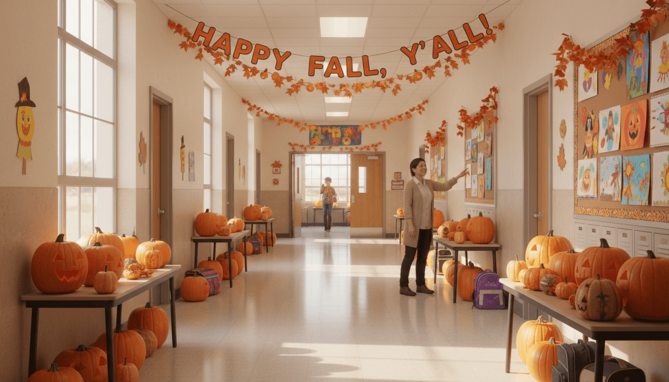 Elementary school hallway decorated with fall pumpkins and student artwork in October