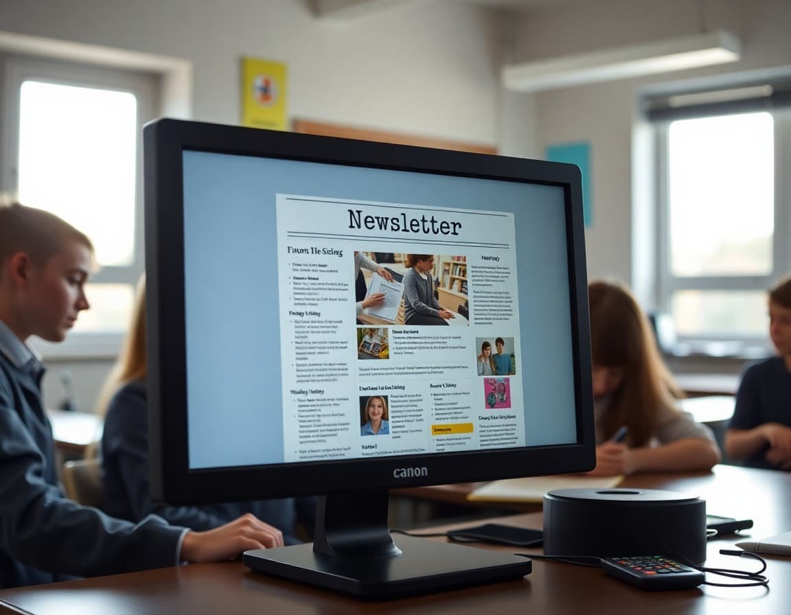 February school academic newsletter displayed on a desktop monitor