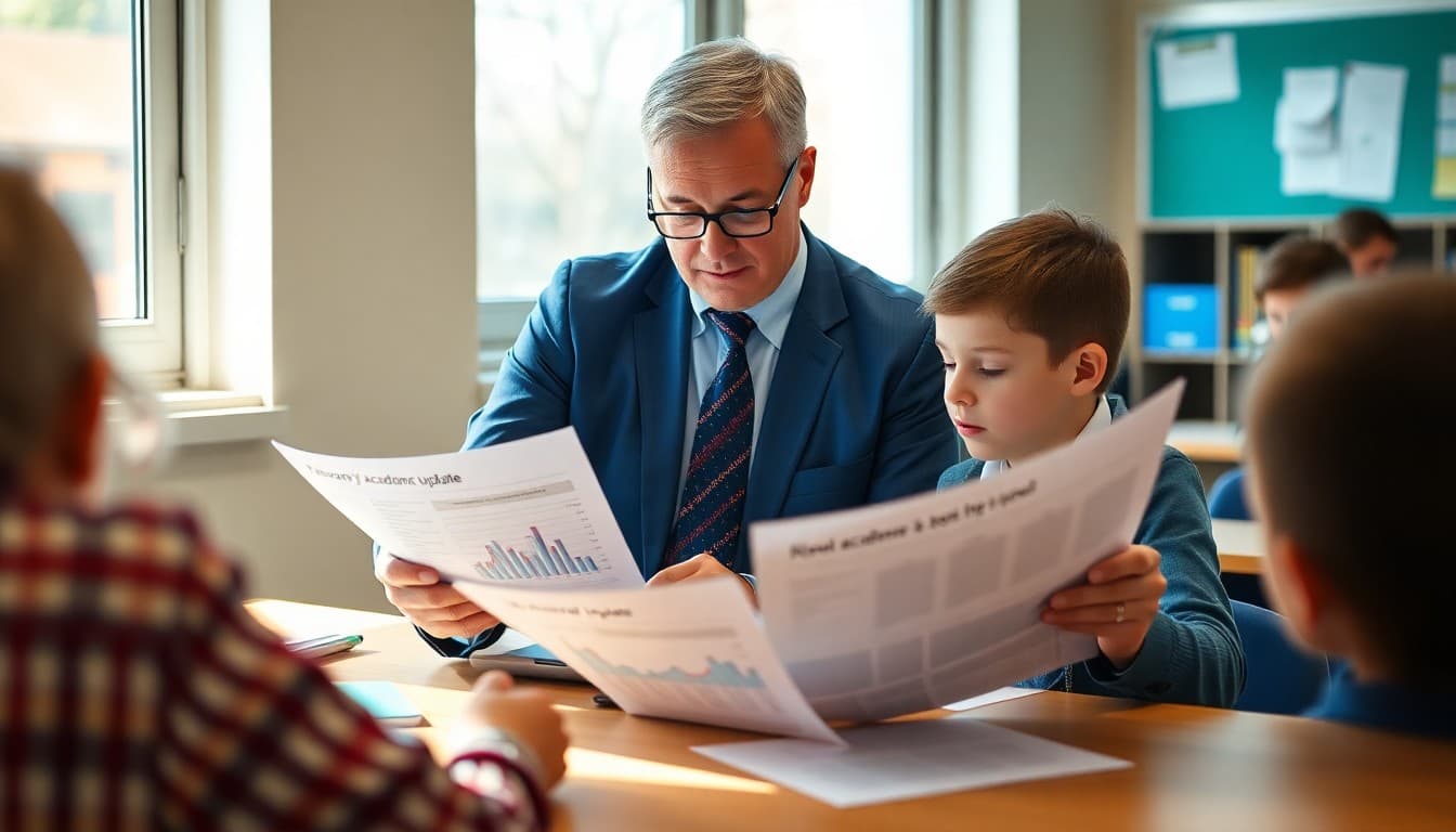 School principal reviewing data reports for a February academic update newsletter