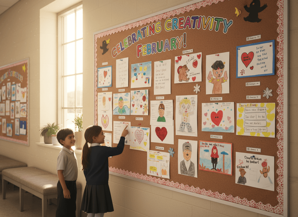 School bulletin board with student work displayed in a hallway during February