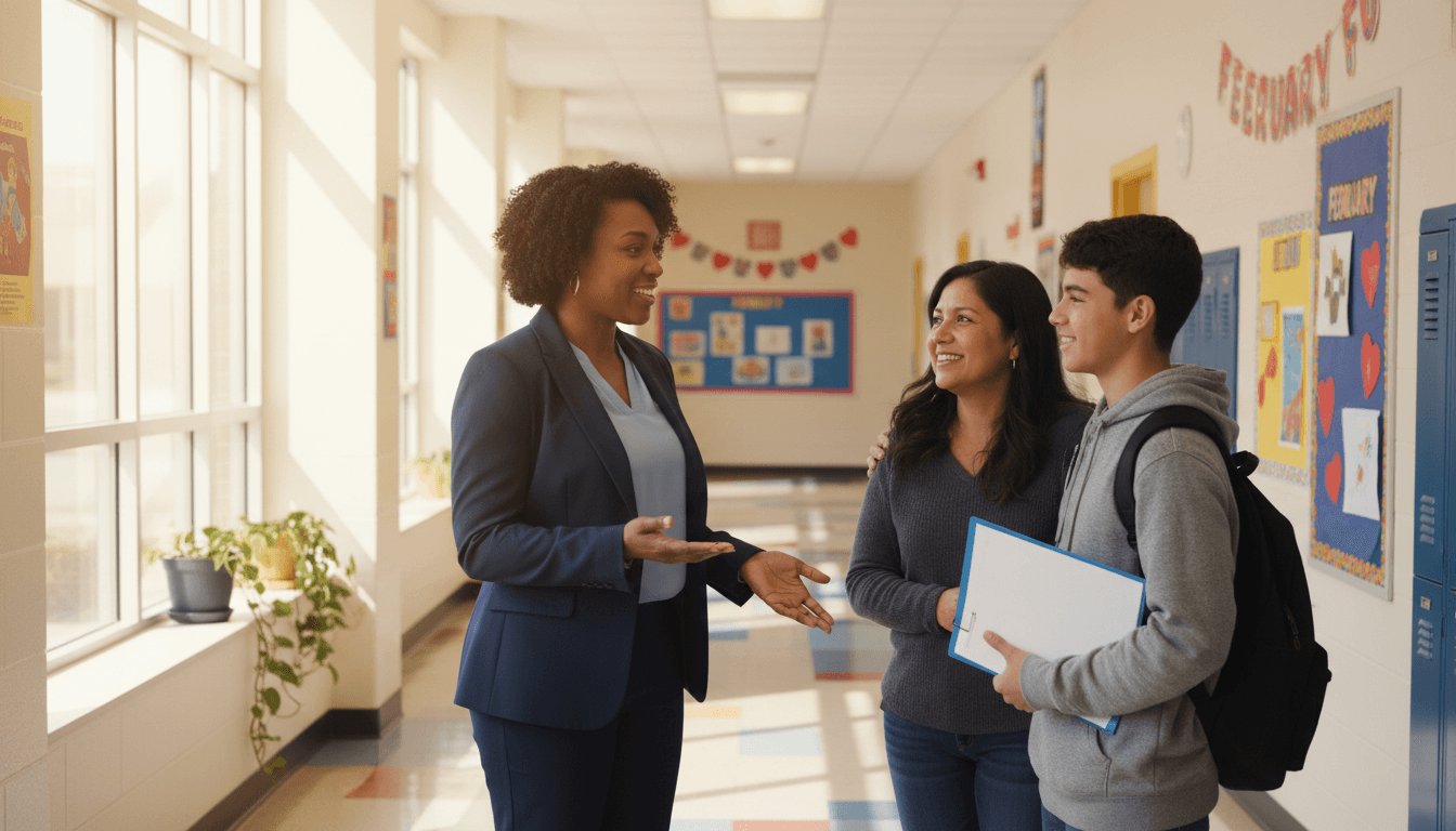 Assistant principal meeting with a student and parent in a school hallway in February