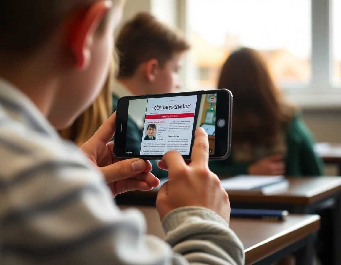 February school newsletter viewed on a smartphone