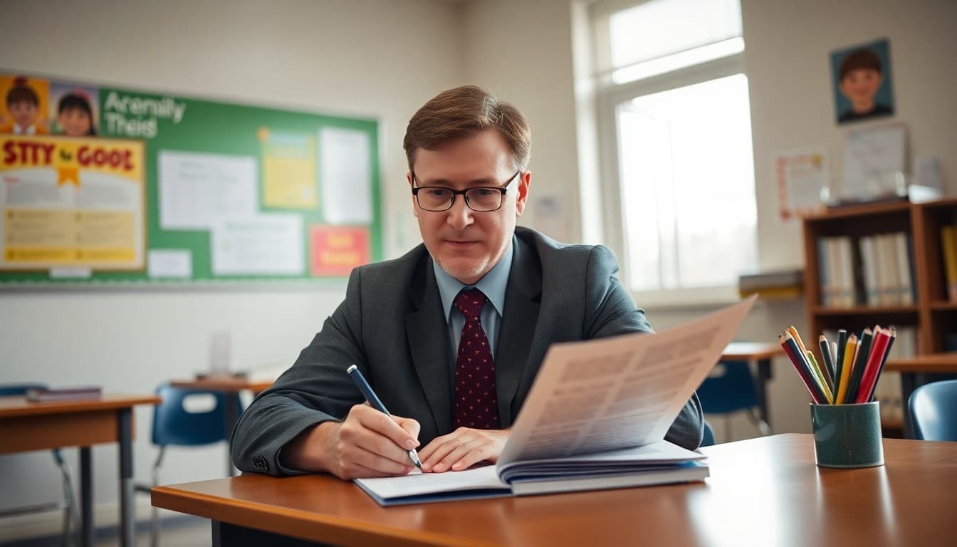 Principal writing a February community message newsletter at a school desk