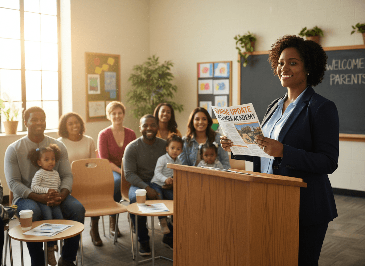 Georgia principal presenting spring newsletter updates to parents at school meeting