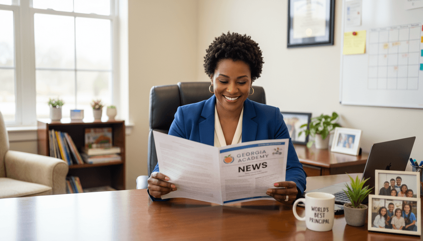 Georgia school principal reviewing parent newsletter at desk in Atlanta-area school office