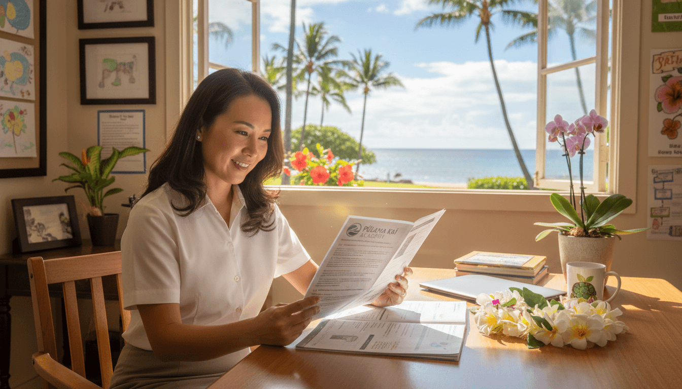 Hawaii school principal reviewing newsletter at desk with tropical landscape visible through school window