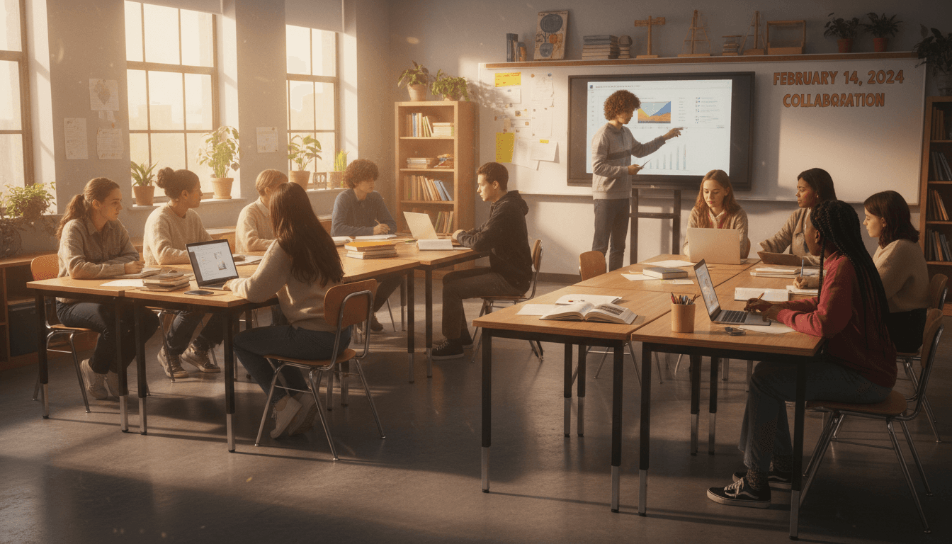 High school students working in a classroom in February