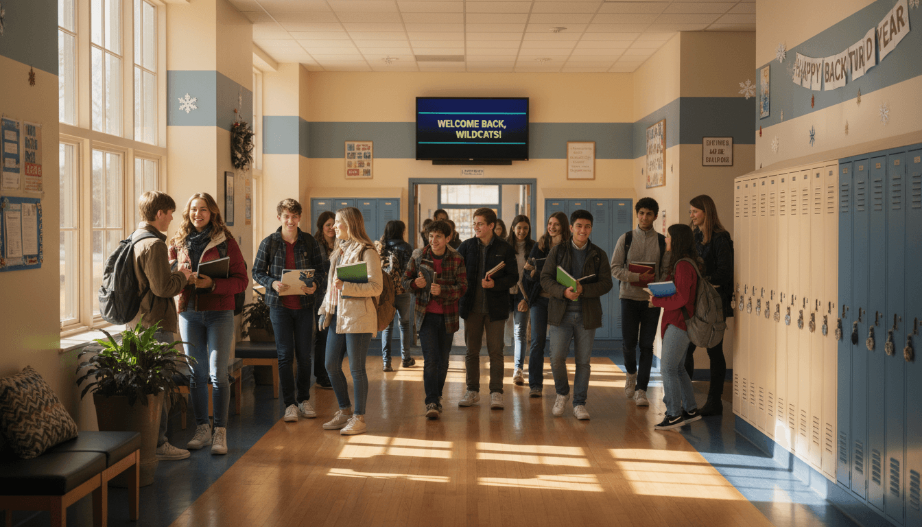 High school hallway in January with students returning after winter break