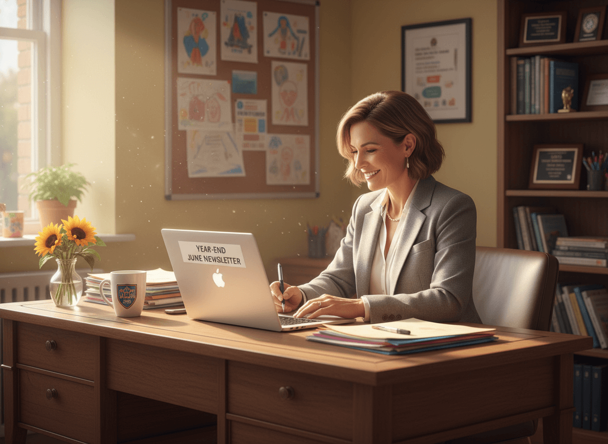Principal writing a year-end June newsletter at a school desk