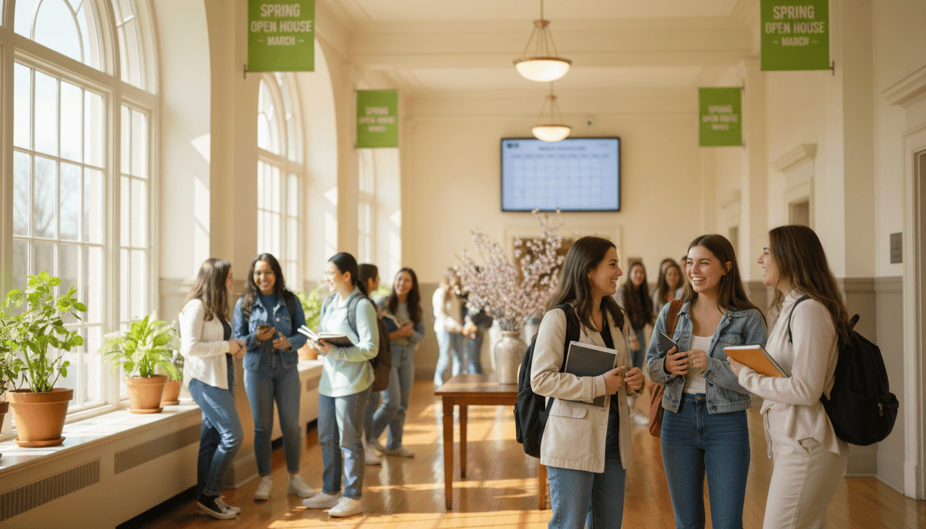High school students in hallway during spring season in March