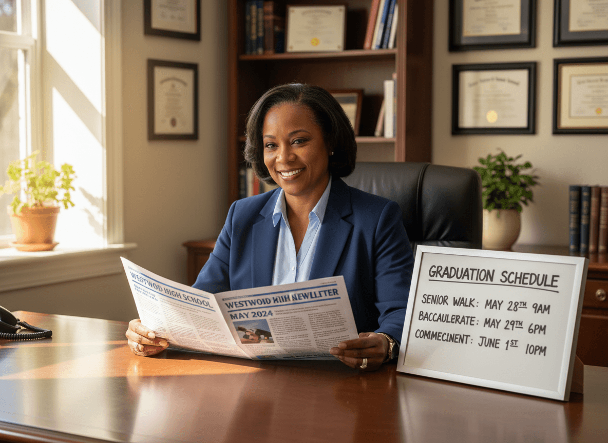 High school principal reviewing May newsletter with graduation schedule nearby