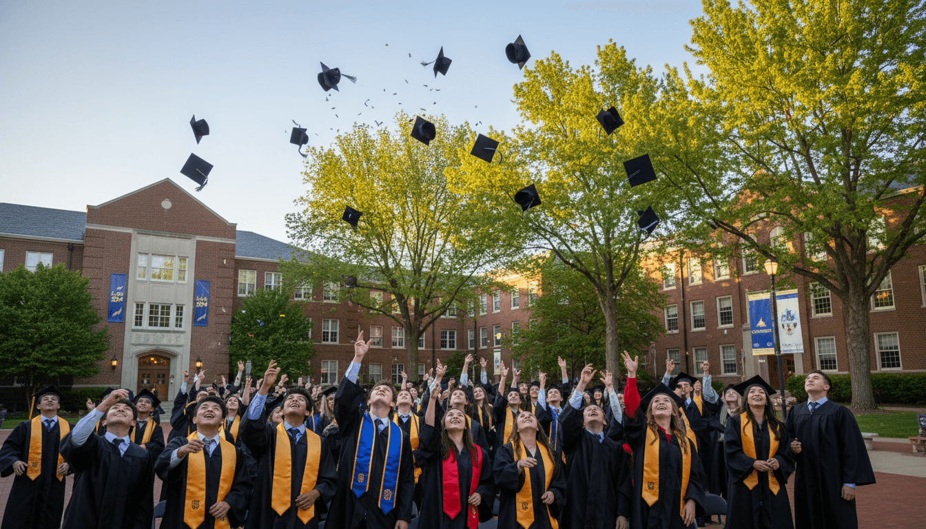 High school graduation caps being tossed at a May commencement ceremony