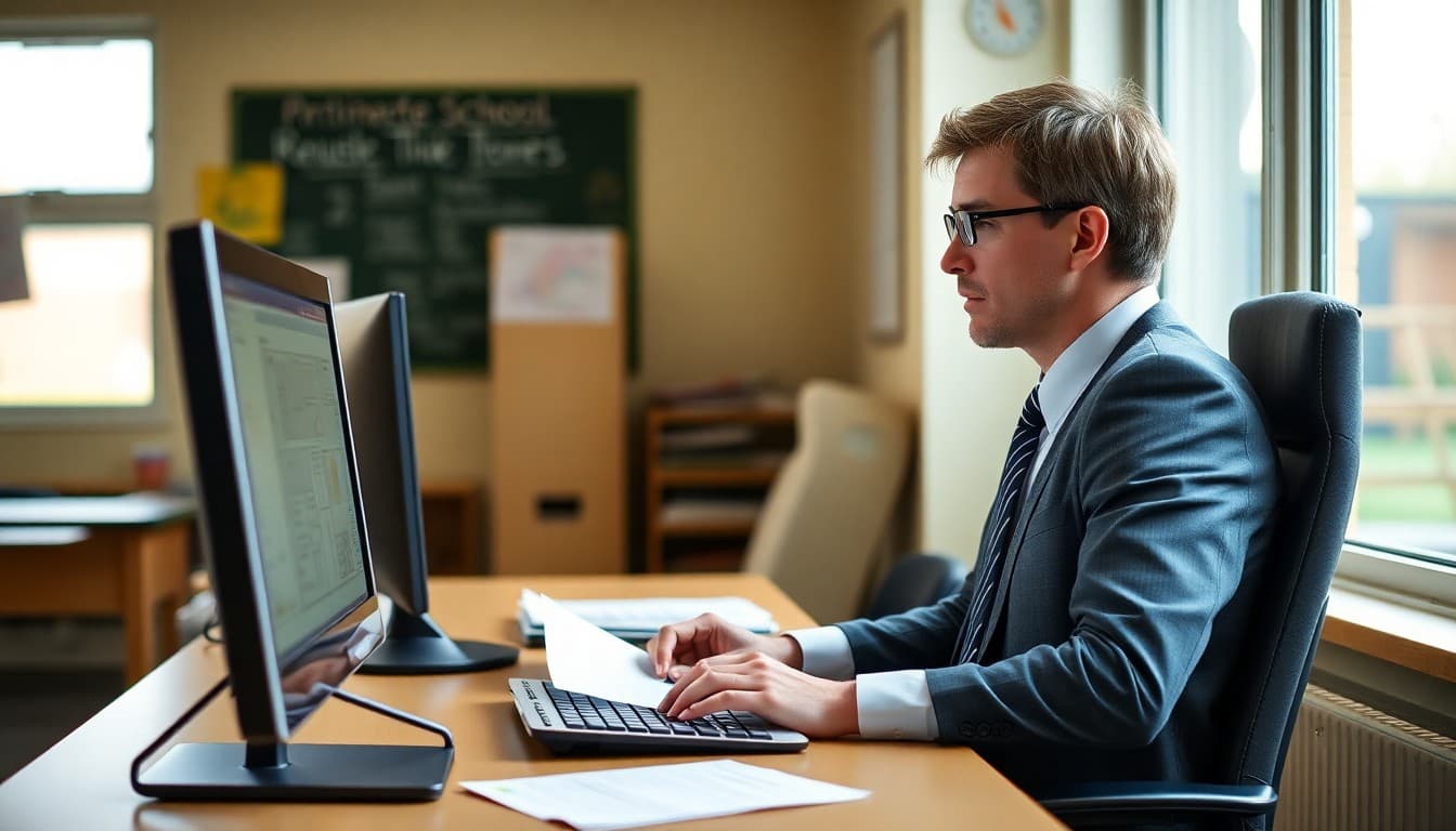 Principal sitting at a computer for the first time drafting the school newsletter