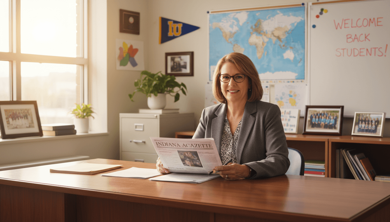Indiana school principal reviewing newsletter at desk in Indianapolis area school office