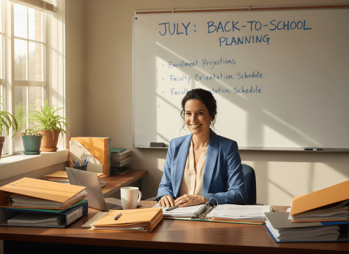 Assistant principal reviewing back-to-school planning materials at a desk in July