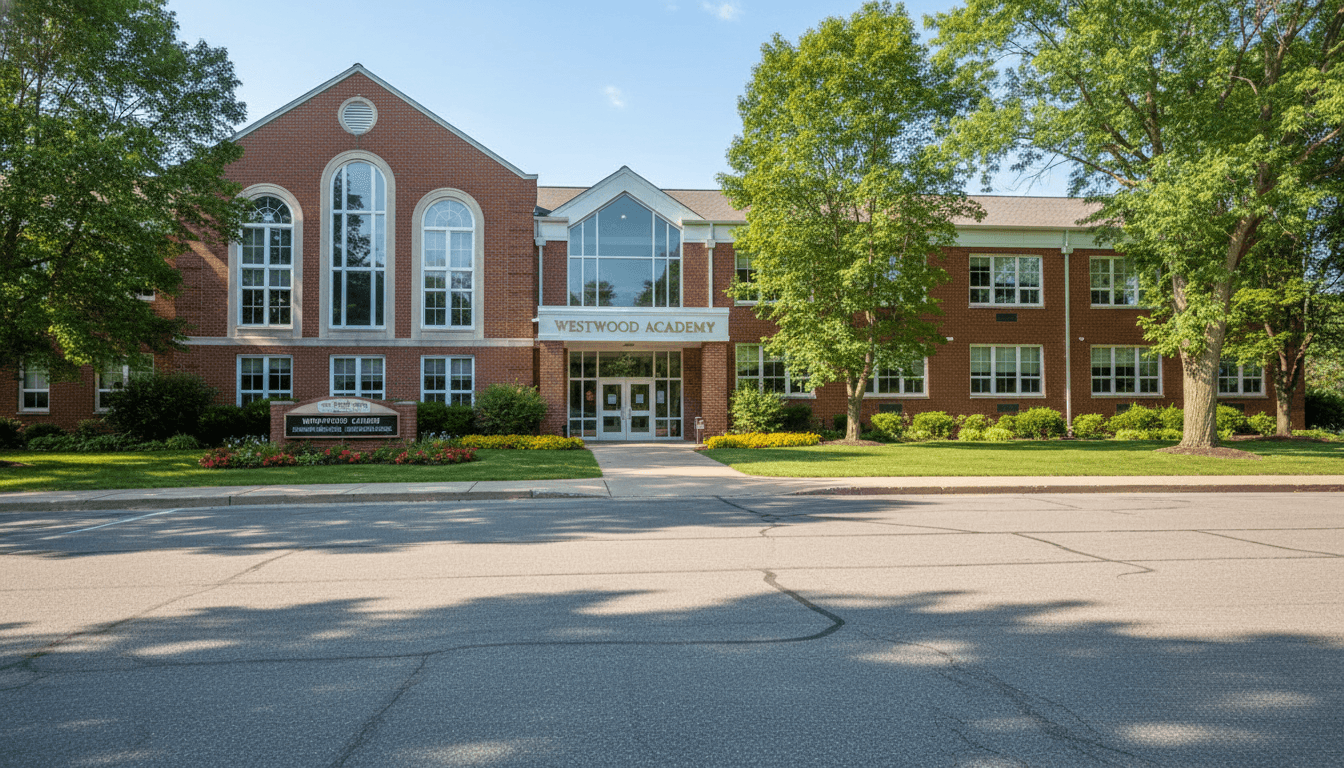 School building exterior on a summer day in July with empty parking lot