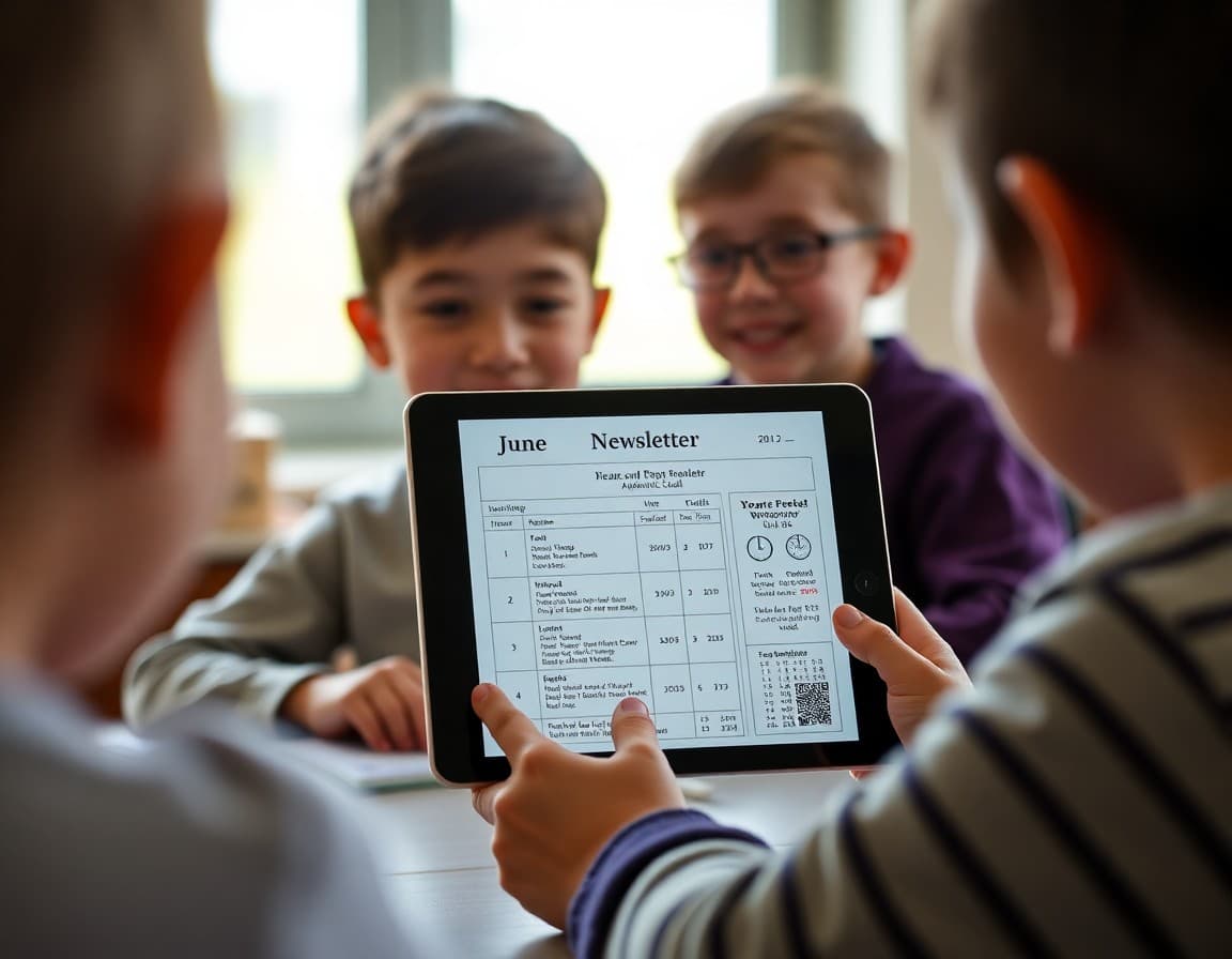 June academic newsletter on a tablet showing year-end report card information