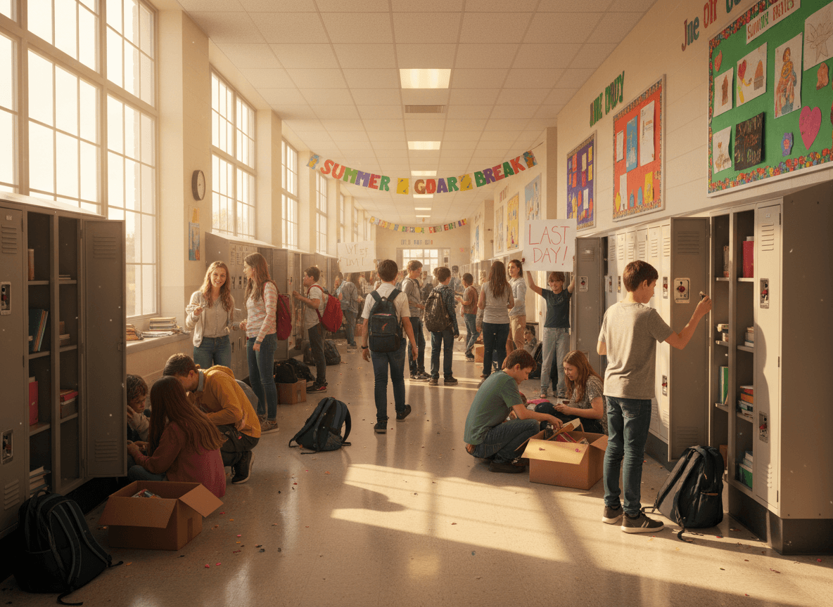 School hallway on the last day of school with students clearing lockers in June
