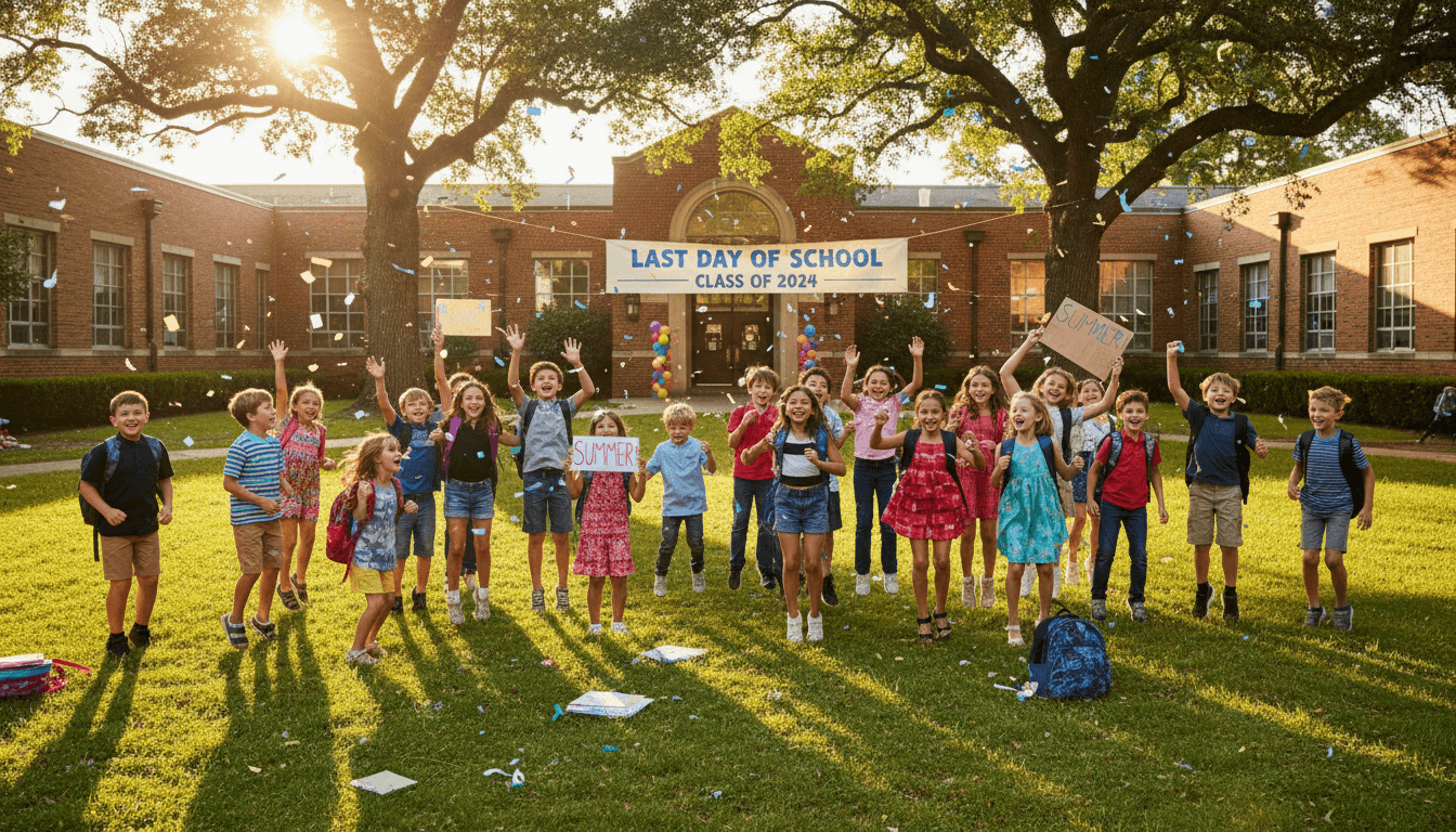 Students cheering and celebrating on the last day of school in June