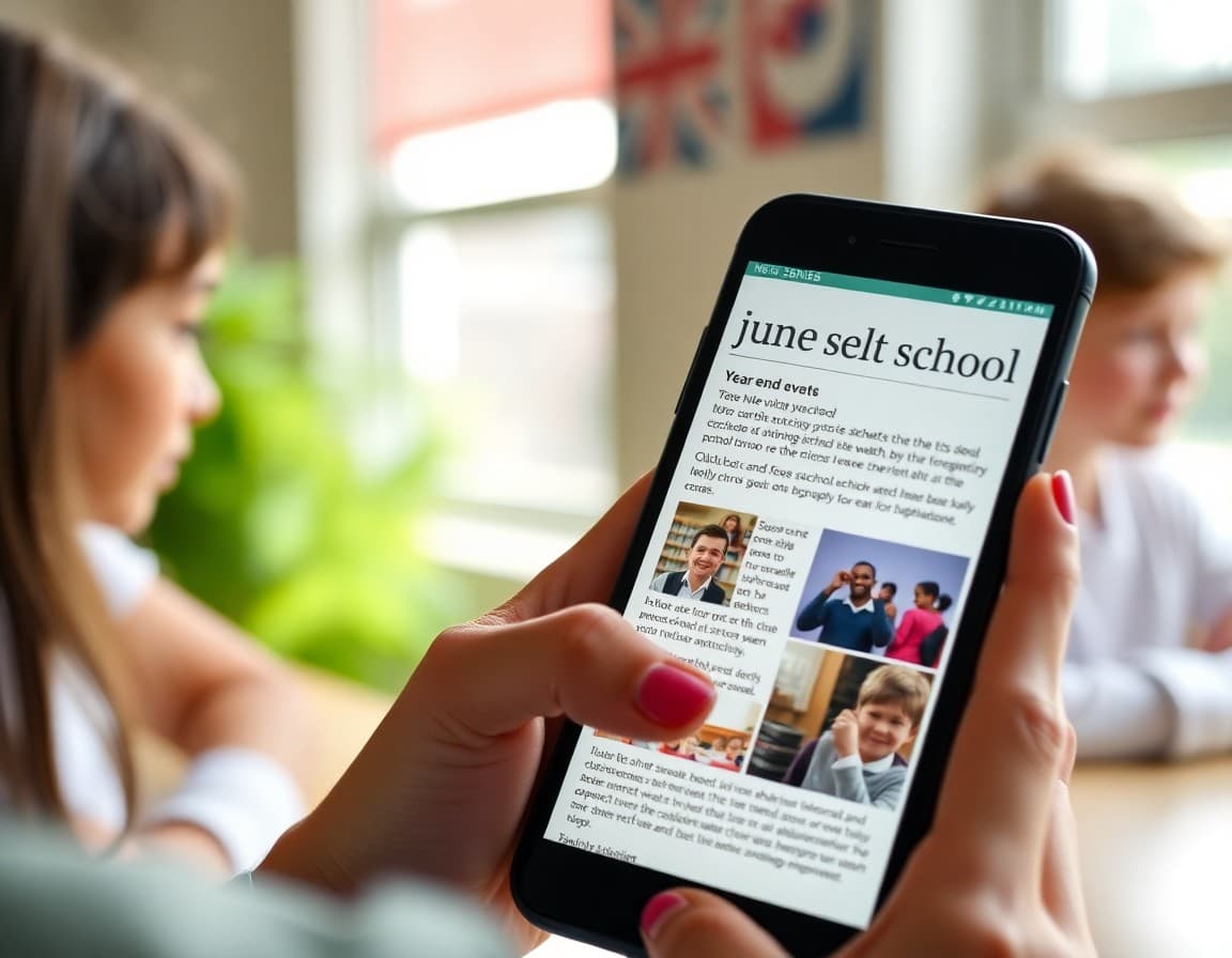 June school community newsletter on a phone showing year-end message and event photos