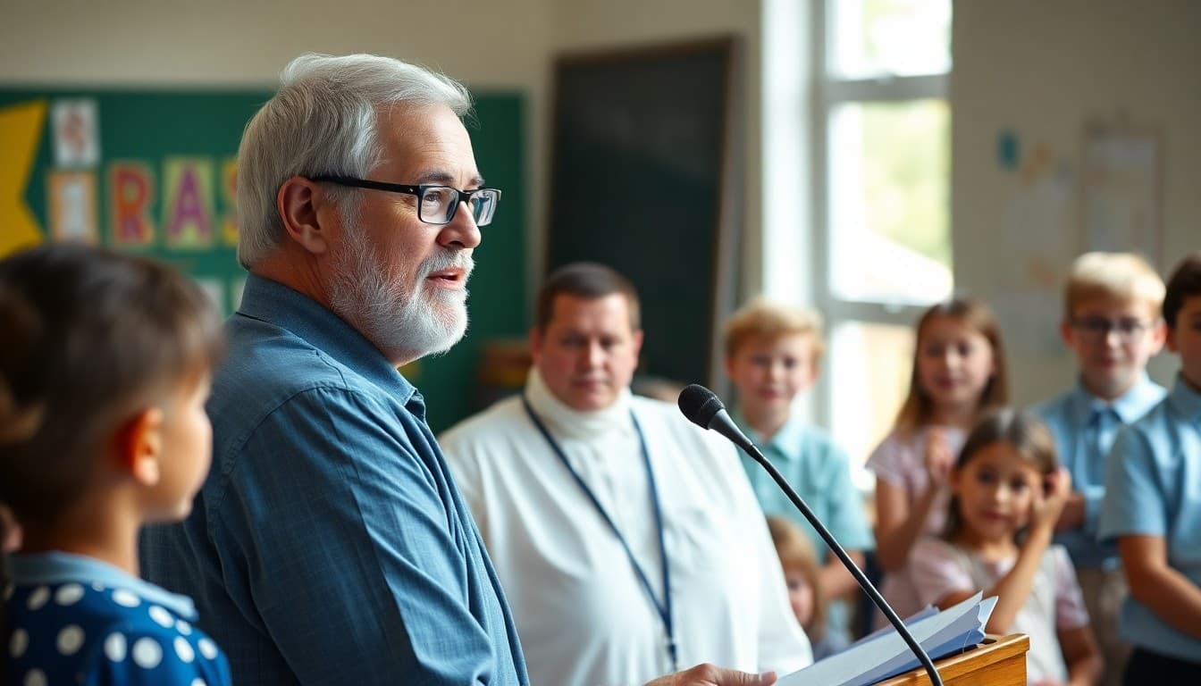 School principal addressing families at an end-of-year ceremony in June