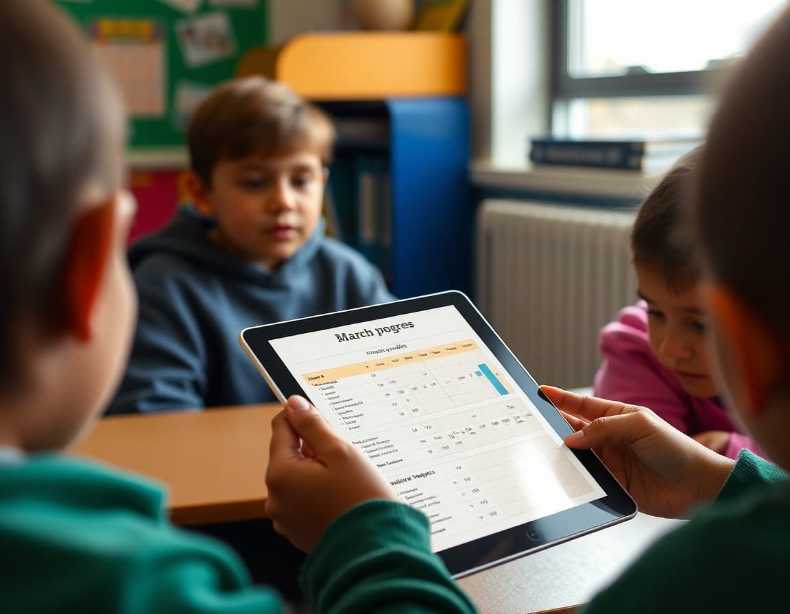 March academic progress newsletter on tablet with charts and test schedule