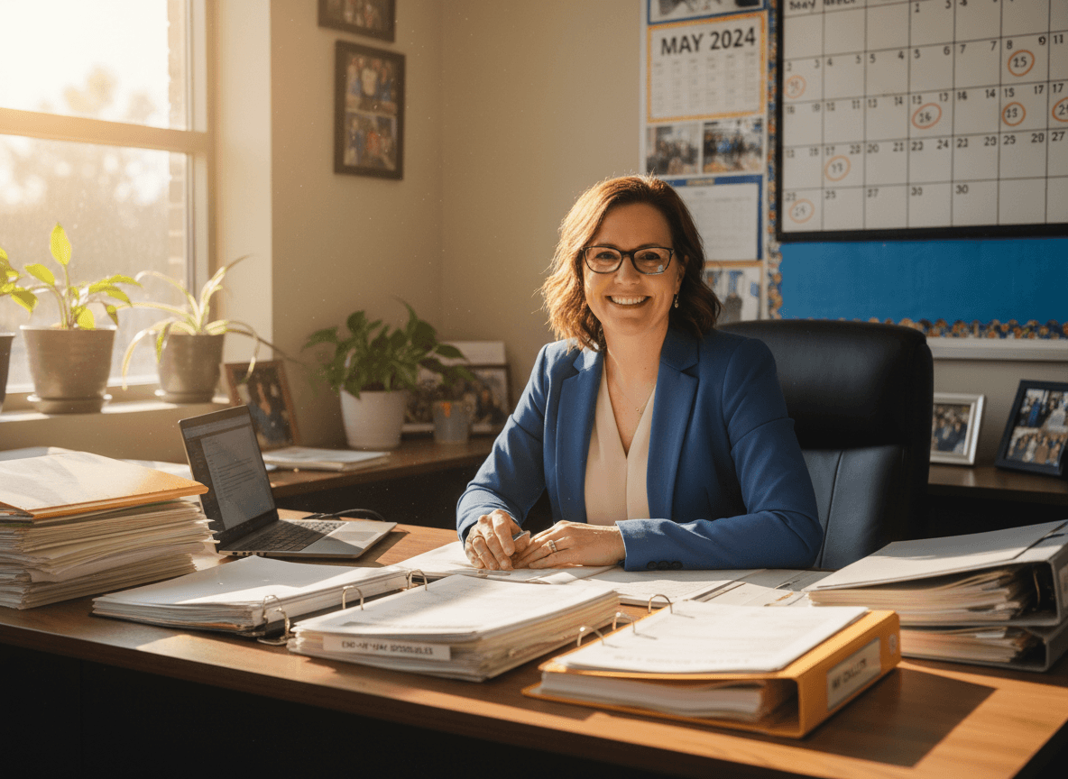 Assistant principal reviewing end-of-year schedules and checklists at a school desk in May