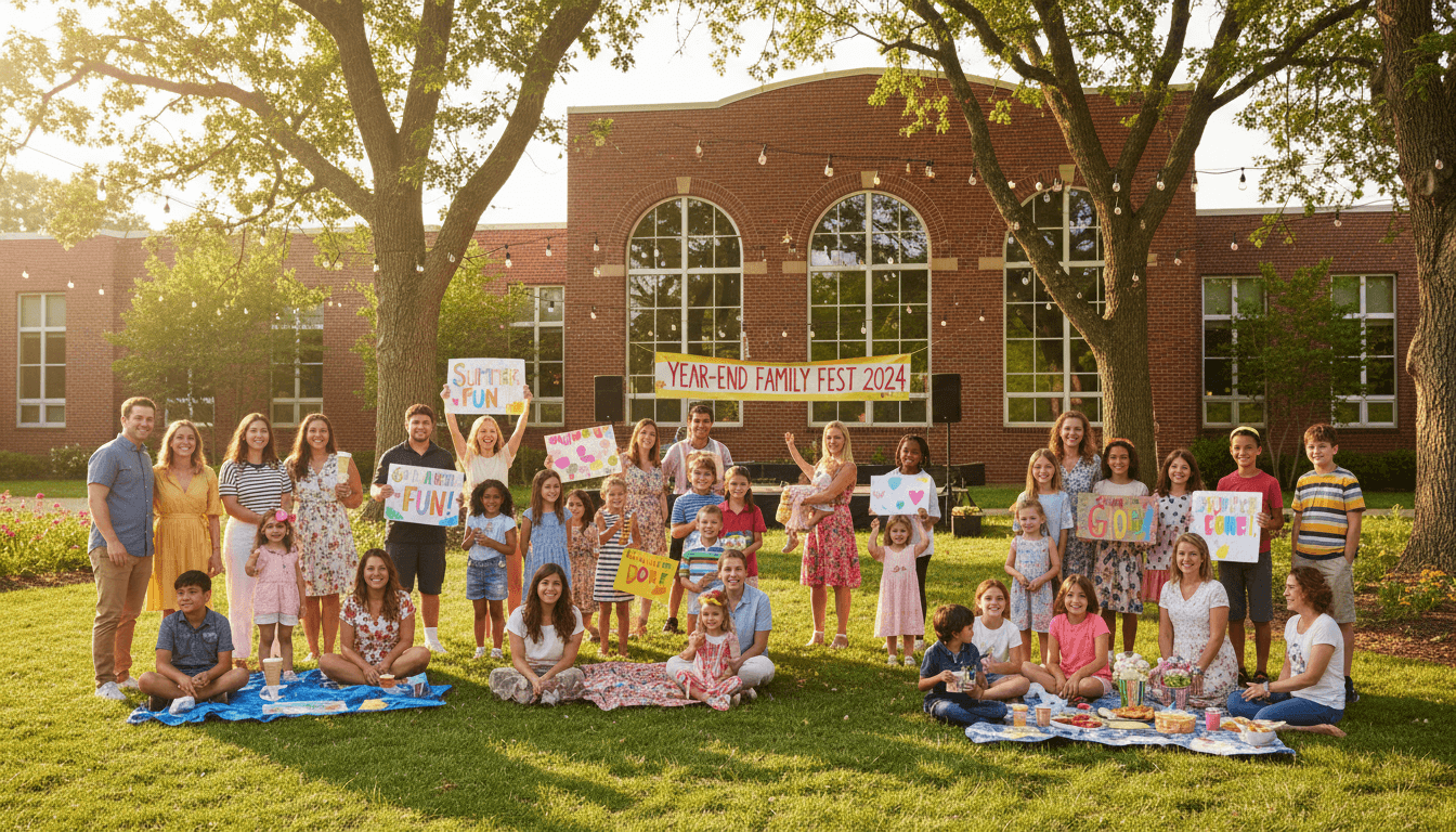 Students and families gathered outside a school at a year-end celebration in May