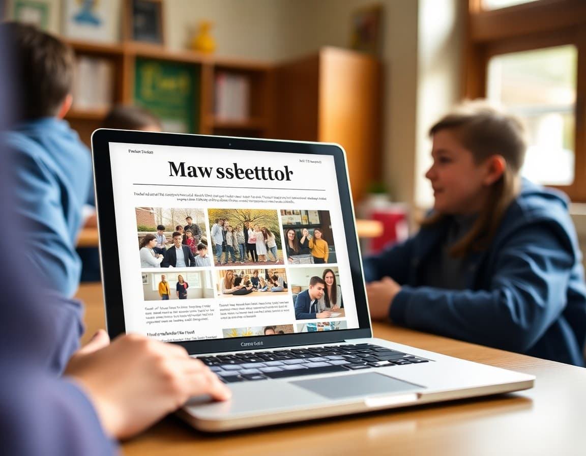 May school community newsletter on a laptop with spring event photos