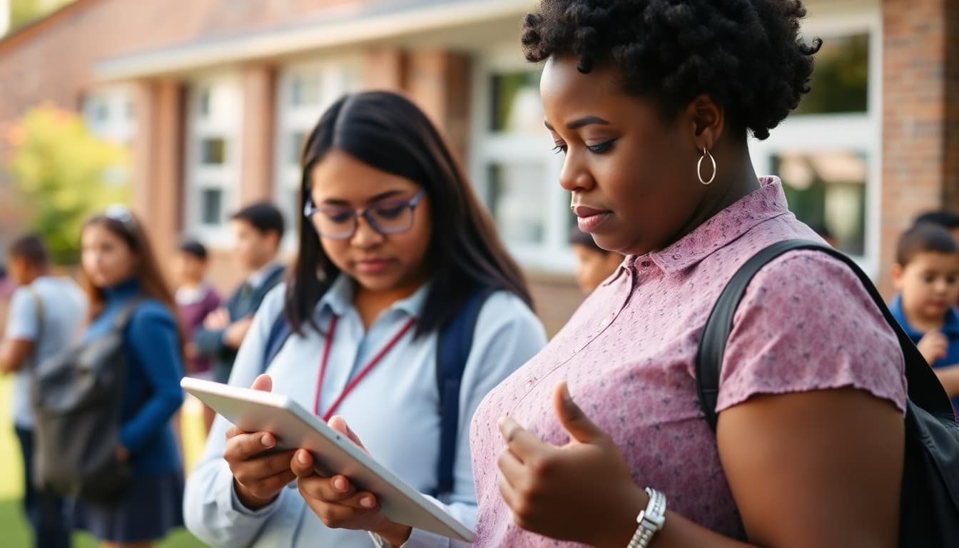 Principal at a school outdoor event in May reviewing a newsletter on a tablet