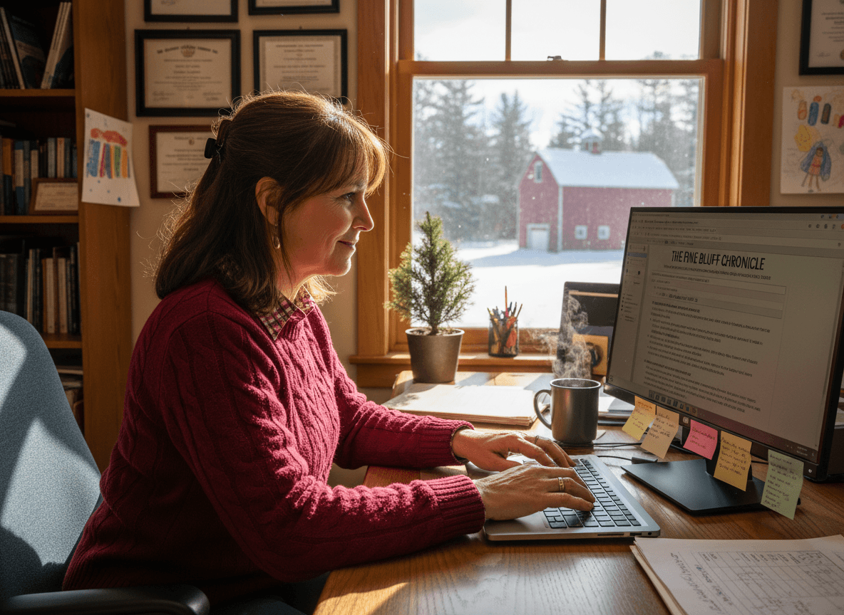 Maine principal at computer composing newsletter for rural Maine school community
