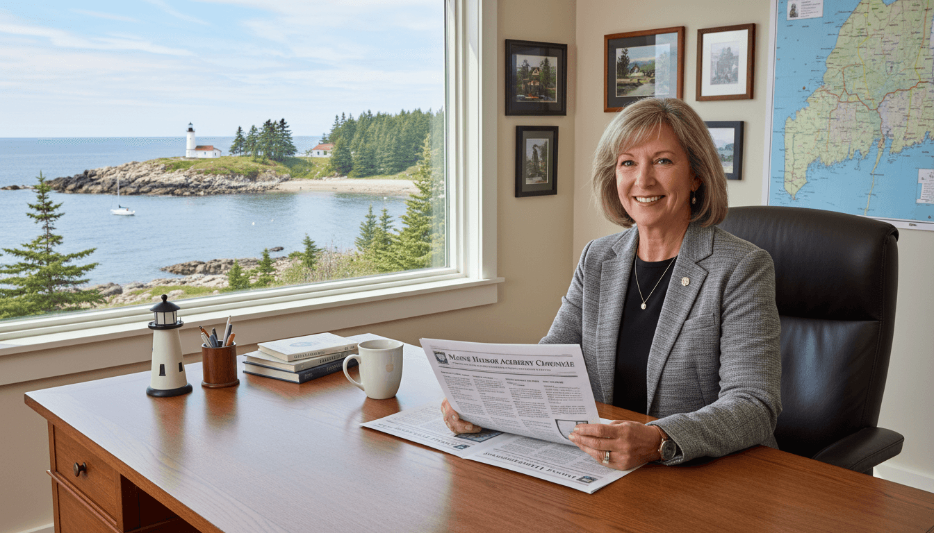 Maine school principal reviewing newsletter at desk with coastal Maine landscape visible through office window