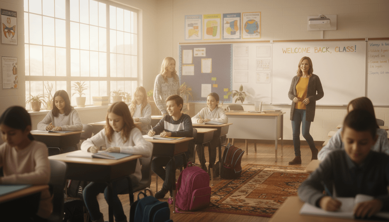Middle school students settling into a new semester in a bright classroom on the first day back in January