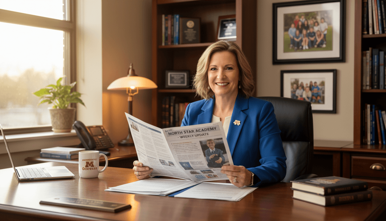 Minnesota school principal reviewing newsletter at desk in Minneapolis area school office