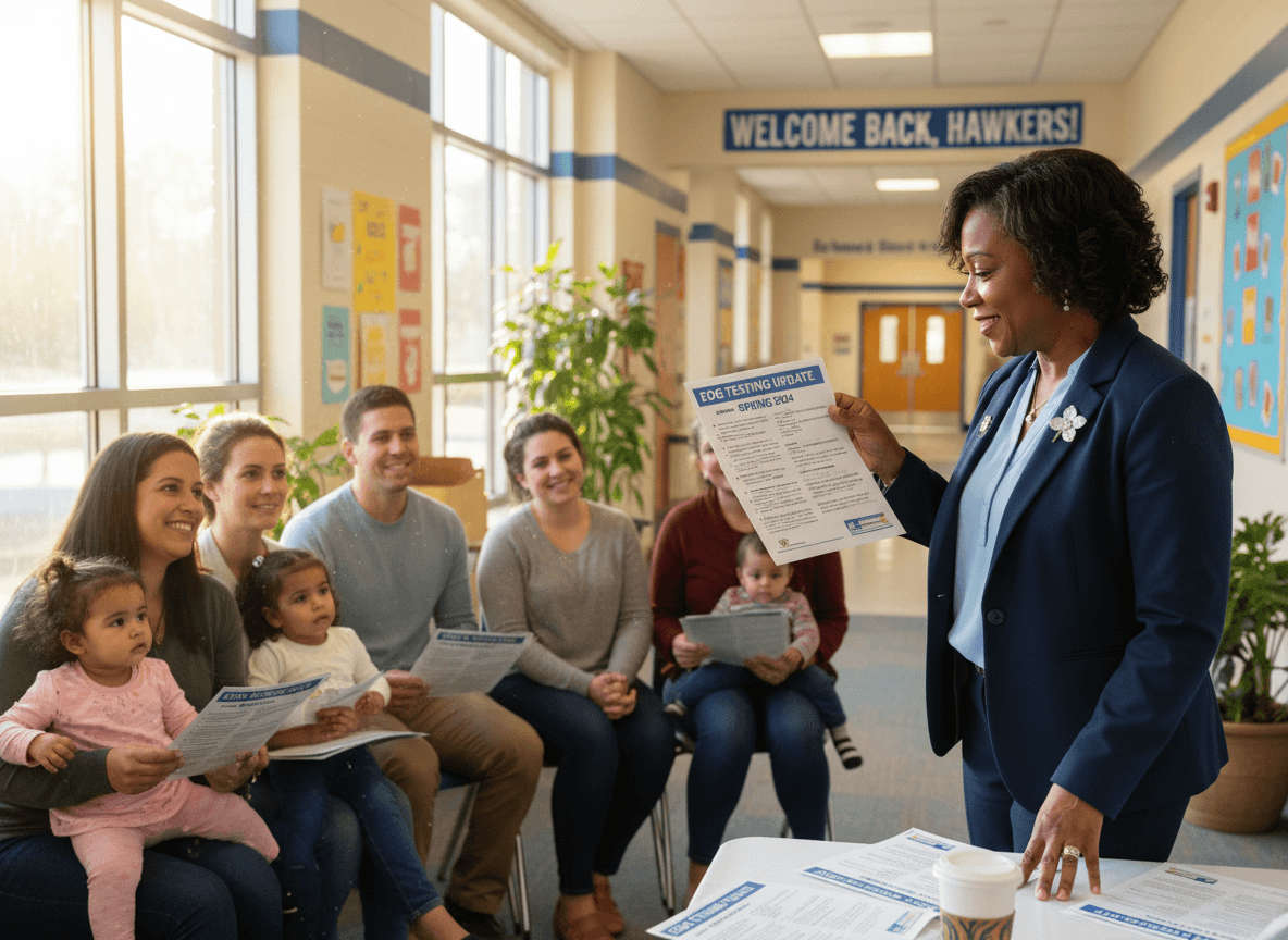 North Carolina principal sharing EOG testing update newsletter with parent group at school