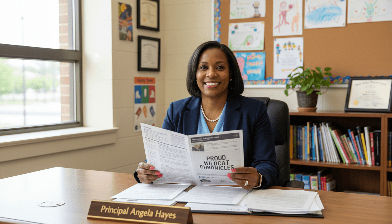 North Carolina school principal reviewing newsletter at desk in Charlotte area school office