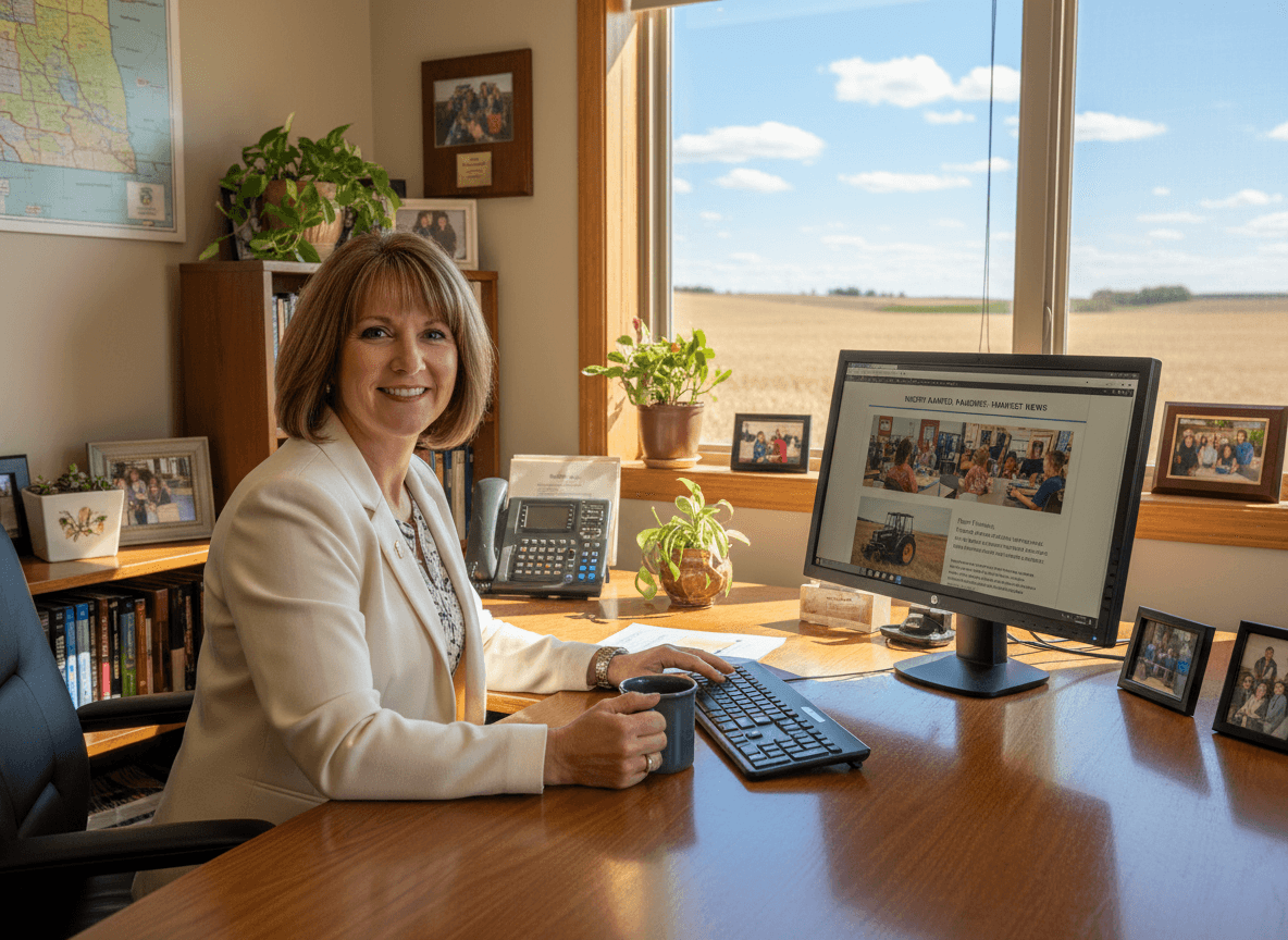 North Dakota principal sending school newsletter to rural agricultural community families on computer
