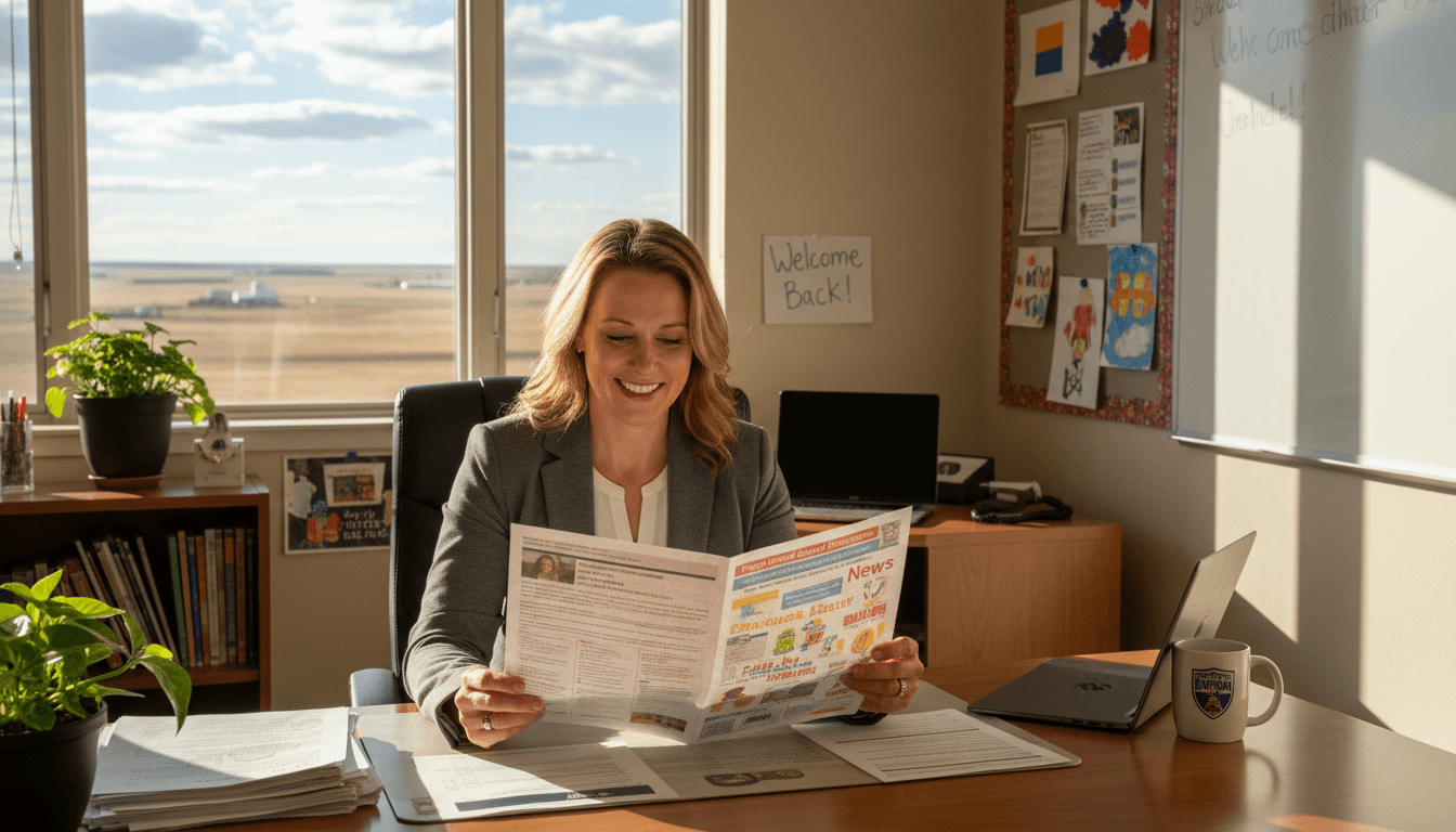 North Dakota school principal reviewing newsletter at desk in Fargo area school office with plains visible through window