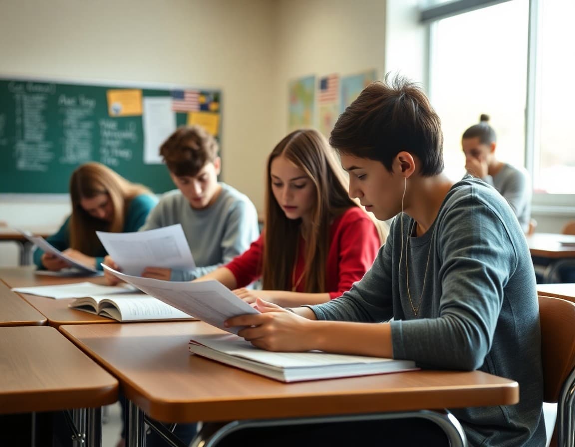 High school students reviewing AP exam materials in a classroom in late April