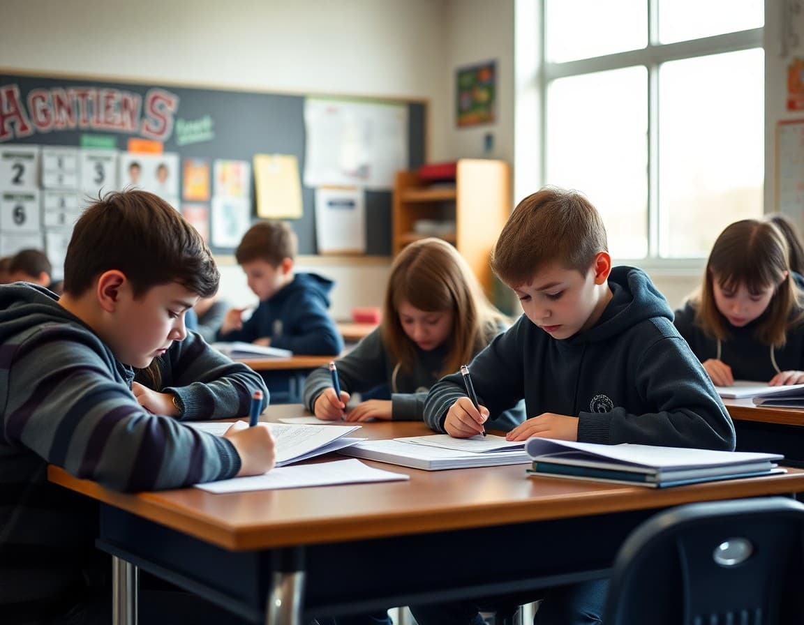 Middle school students working on semester review materials in a December classroom
