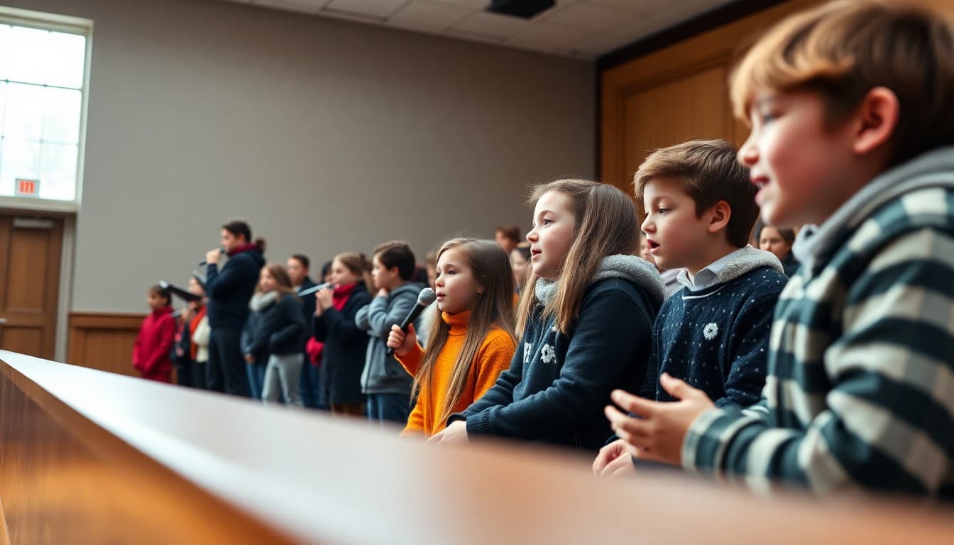 Middle school students performing in a winter concert on a school auditorium stage
