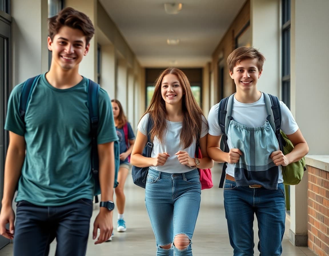 High school students walking out of school on the last day of June with backpacks and smiles