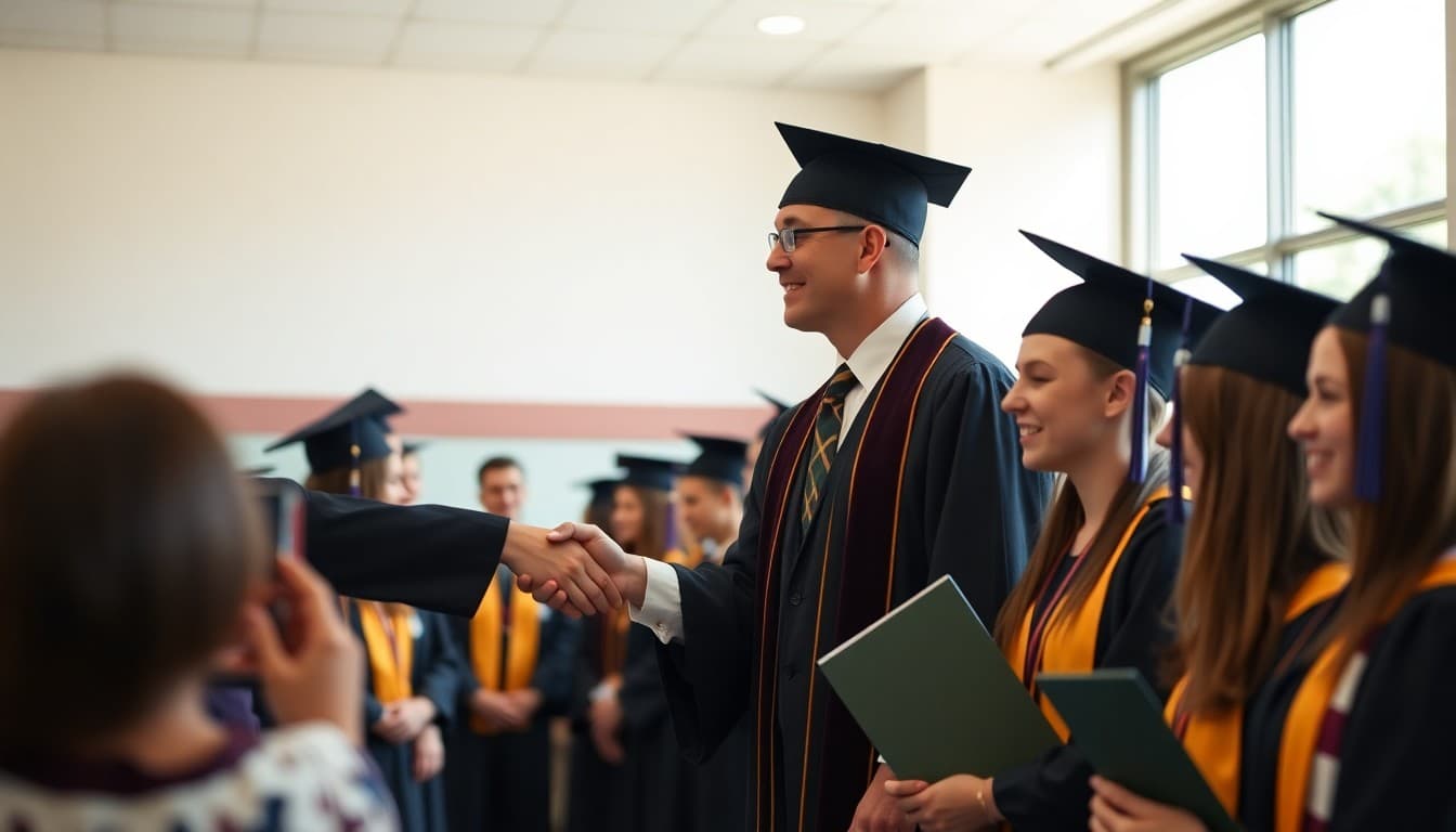 High school principal shaking hands with graduates at commencement on a sunny June day